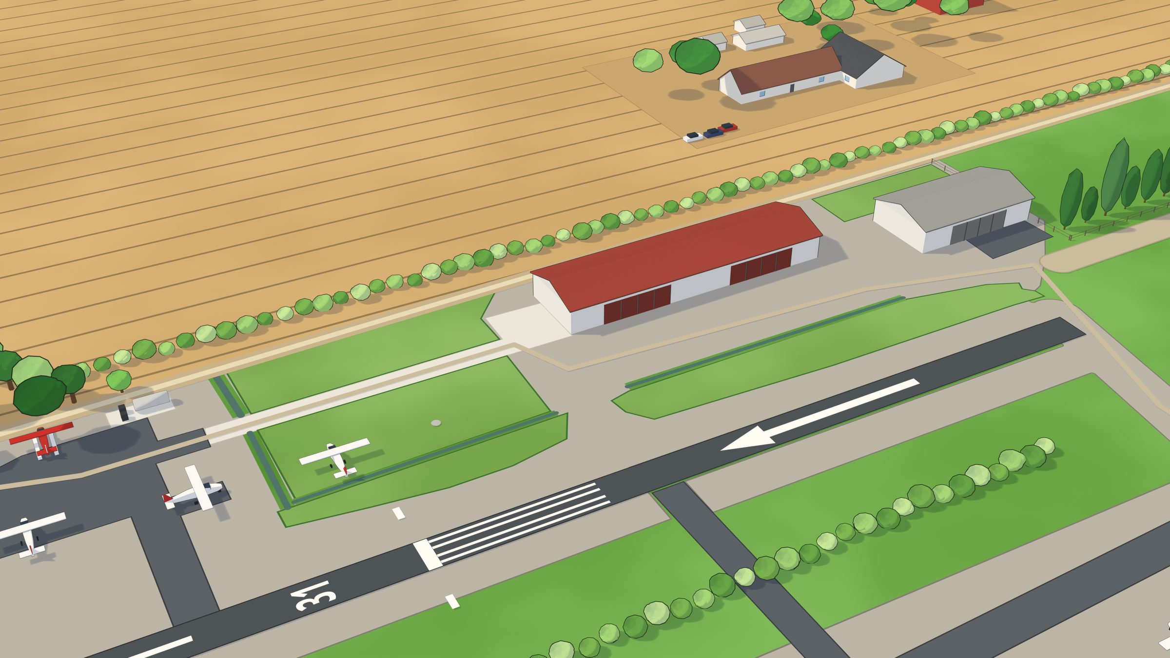 Illustration 3D de l’aire de trafic de CML8 : hangars, aéronefs stationnés et seuil de piste 31.