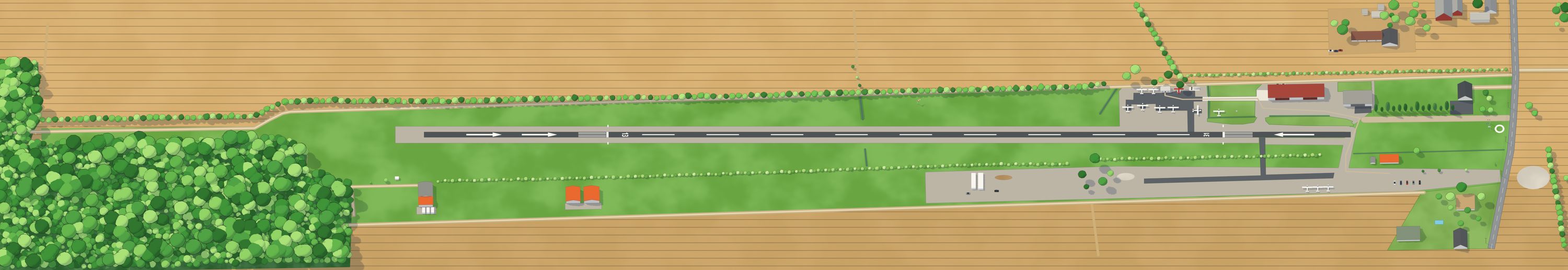 Carte illustrée en 3D de l’aérodrome CML8, piste 13/31 entourée de champs.